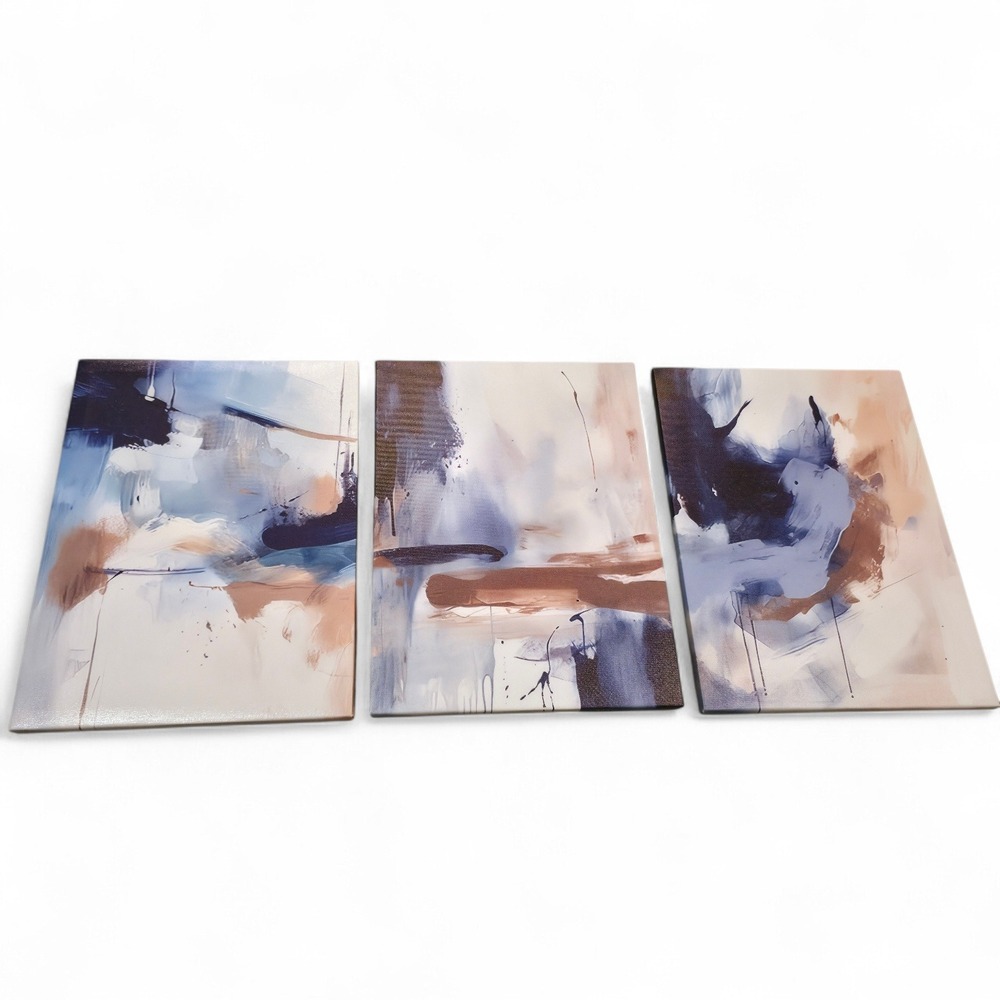 Abstract Navy Blue and Tan Canvas‎ Wall Art Triptych 3 Piece Set Modern Decor